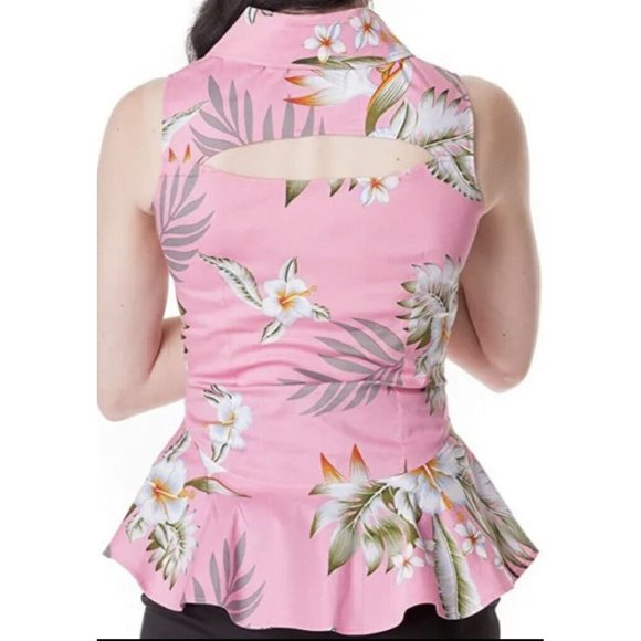Hell Bunny Vixen Size Small Hawaiian Print Pink Pin Up Peplum Top Blouse New - Picture 2 of 13